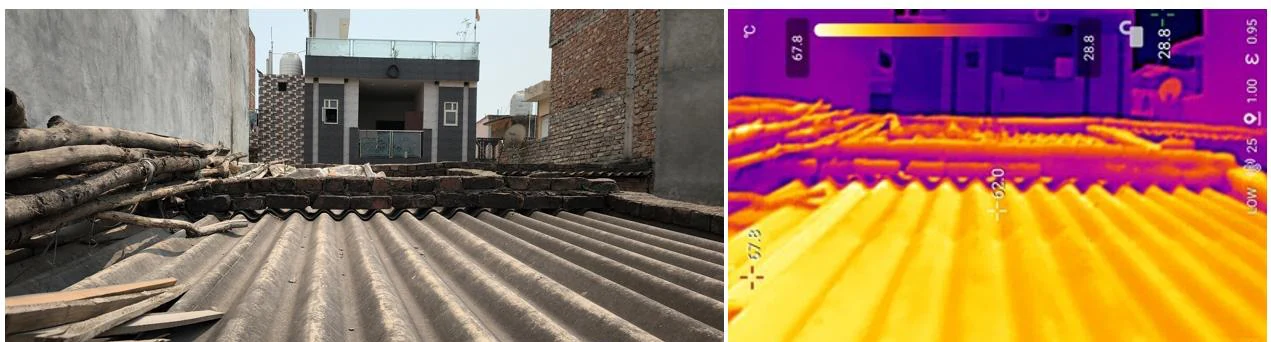 A bare corrugated roof in Bakkarwala and its thermal image