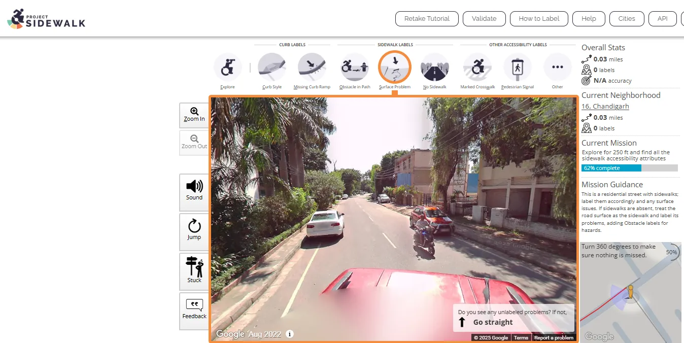 Project Sidewalk interface showing a Chandigarh street to label