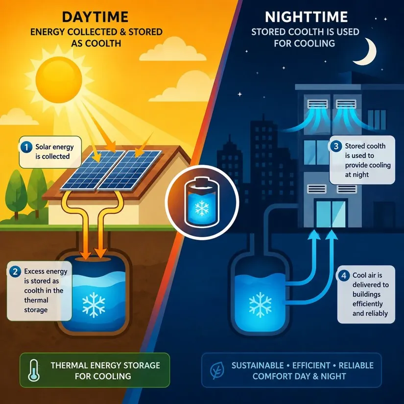 Illustration: excess daytime solar energy stored as cold, used for cooling at night