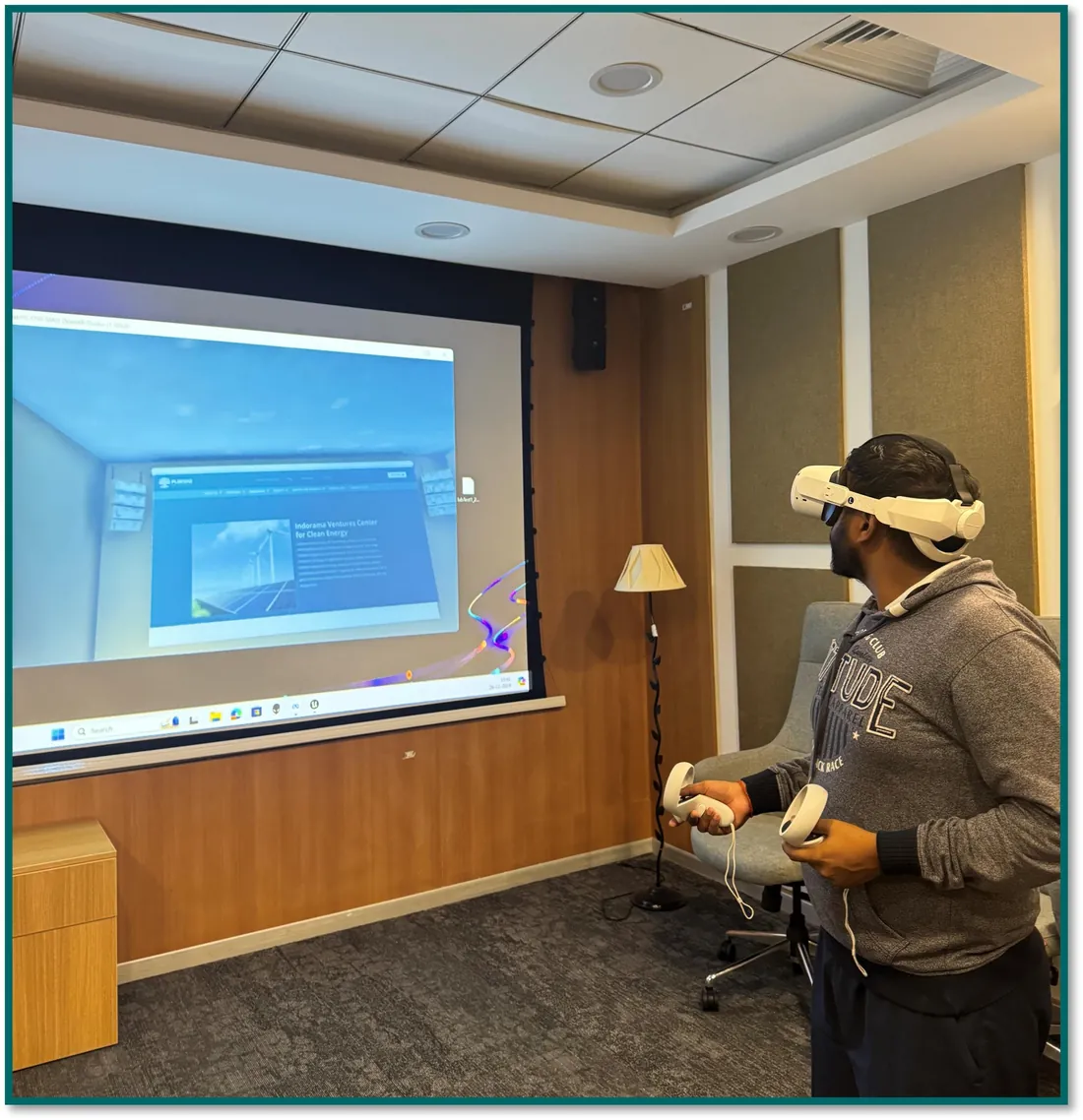 A researcher using a virtual reality headset in the simulation studio